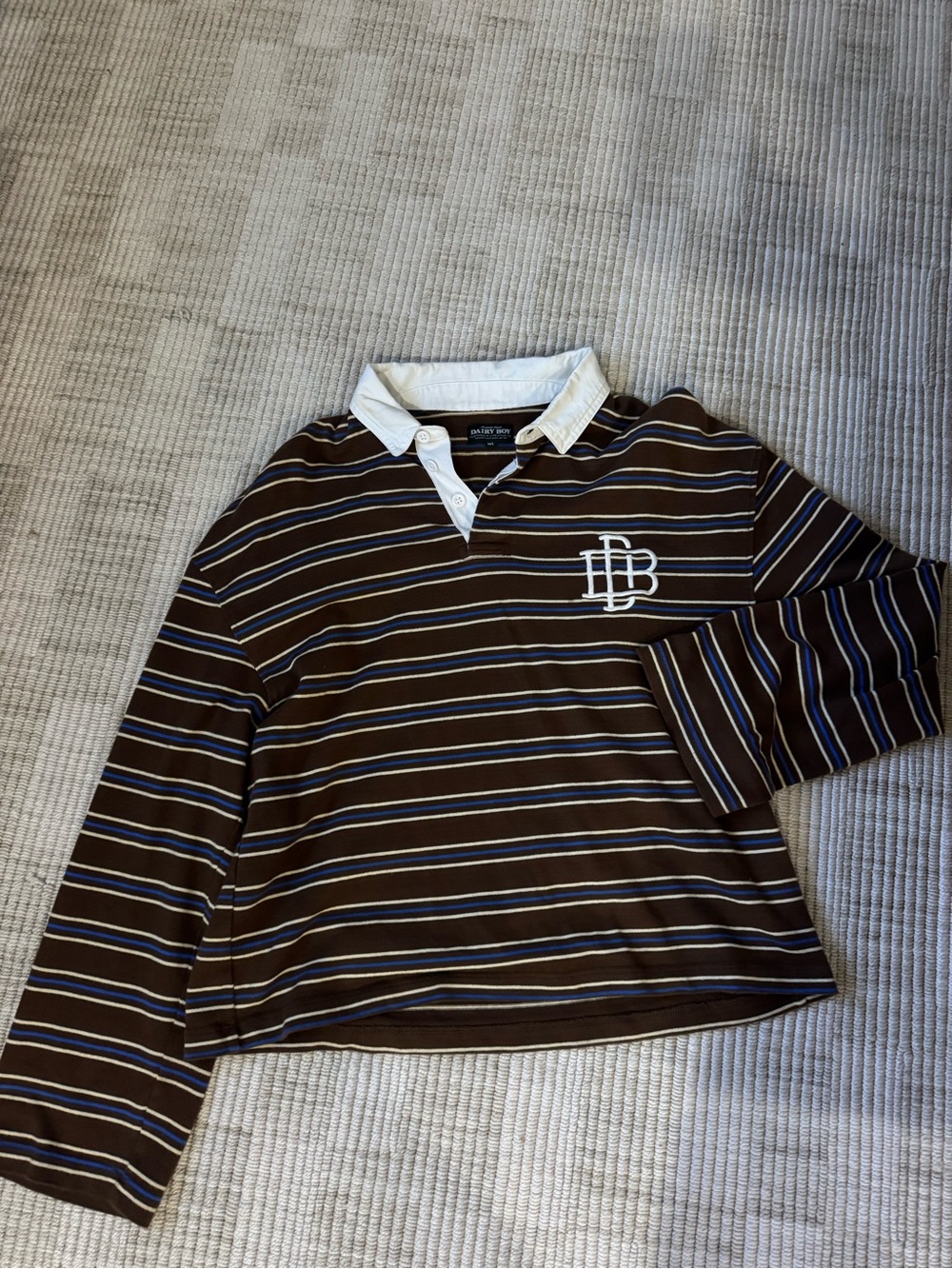 Brown Striped Long-Sleeve Rugby Polo with White Collar
